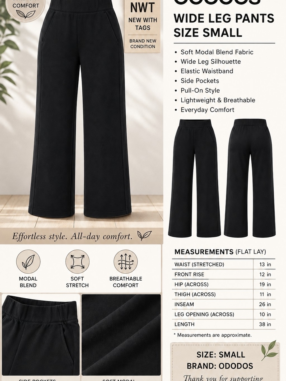 ODODOS Women's Black Wide Leg Pull-On Pants